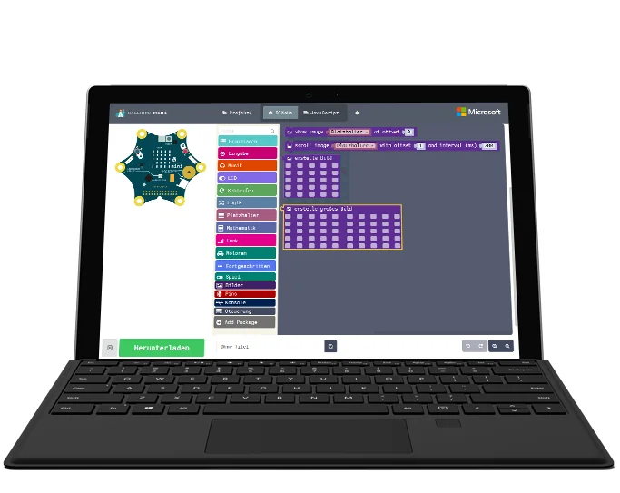 Notebook mit der MakeCode-Programmierumgebung: links die Simulation des Calliope mini, in der Mitte die Blockkategorien, rechts das zusammengesetzte Programm